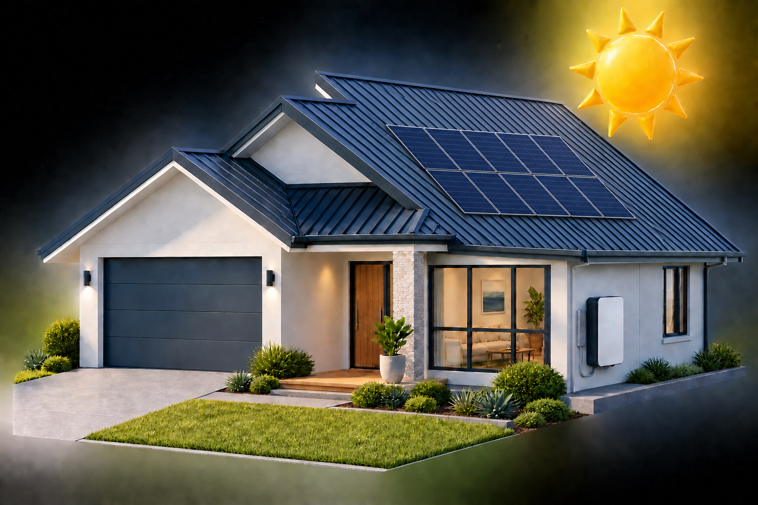 Modern home with rooftop solar panels, a home battery and bright sun